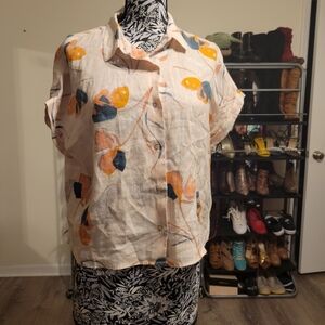 Rachel zoe 100%linen fall floral button down collared top